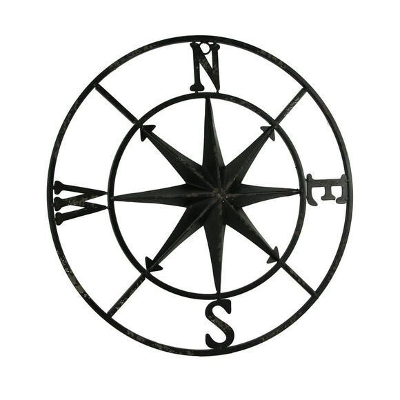 Distressed Metal Compass Rose Indoor/Outdoor Wall Hanging - Black - Picture 1 of 4